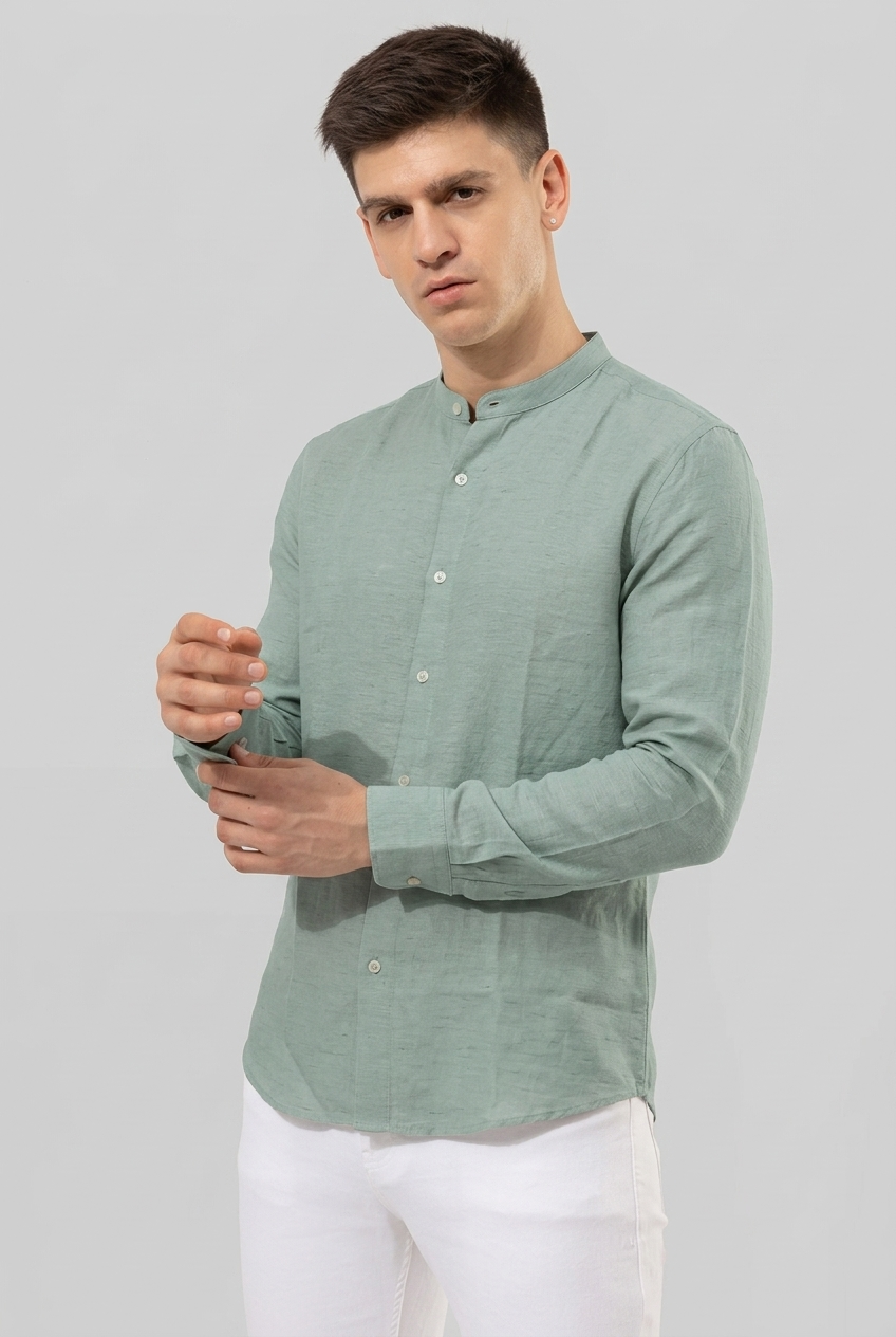 Linen Blend Mandarin Collar Sea Green Shirt