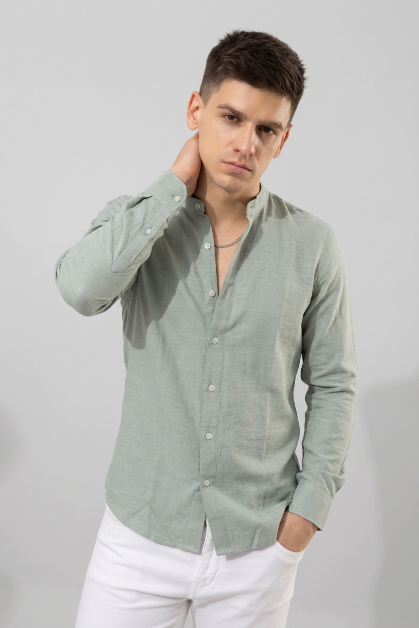 Linen Blend Mandarin Collar Sea Green Shirt