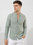 Linen Blend Mandarin Collar Sea Green Shirt