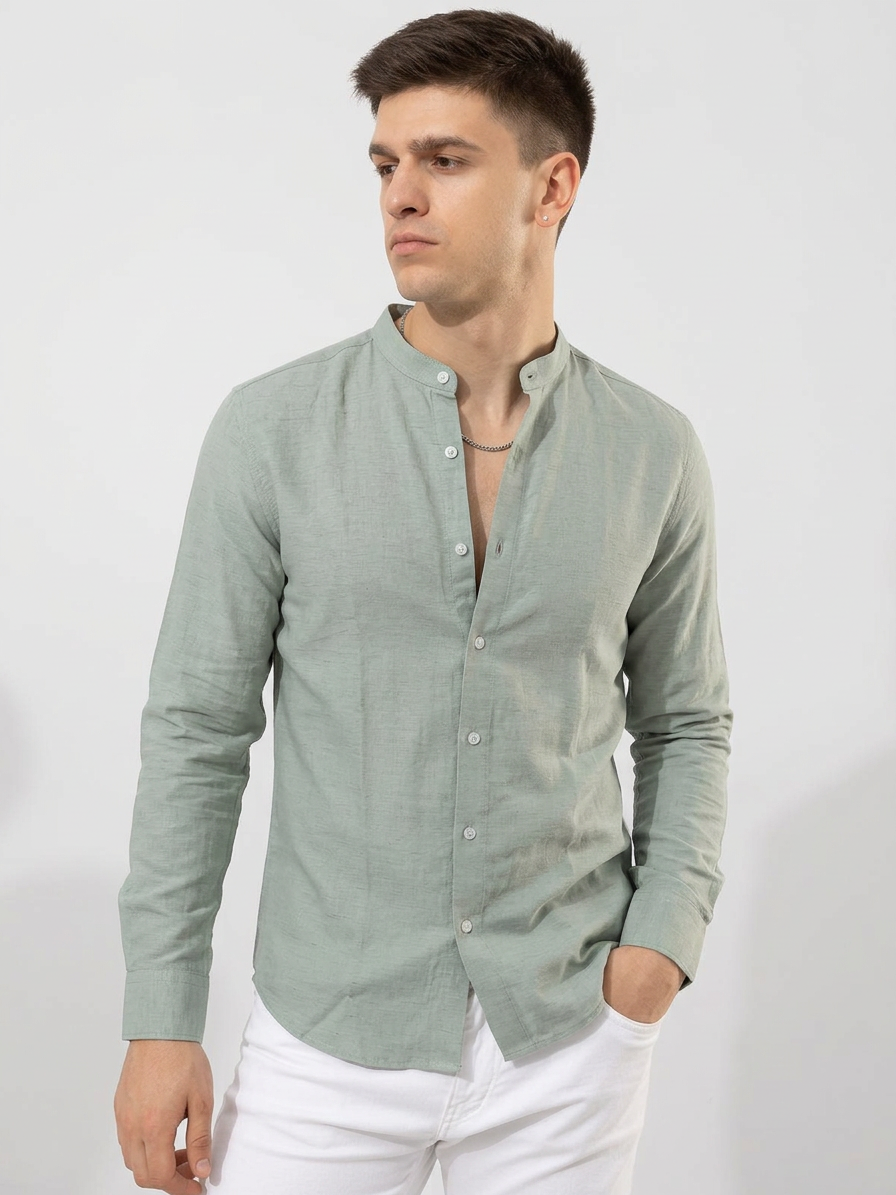 Linen Blend Mandarin Collar Sea Green Shirt