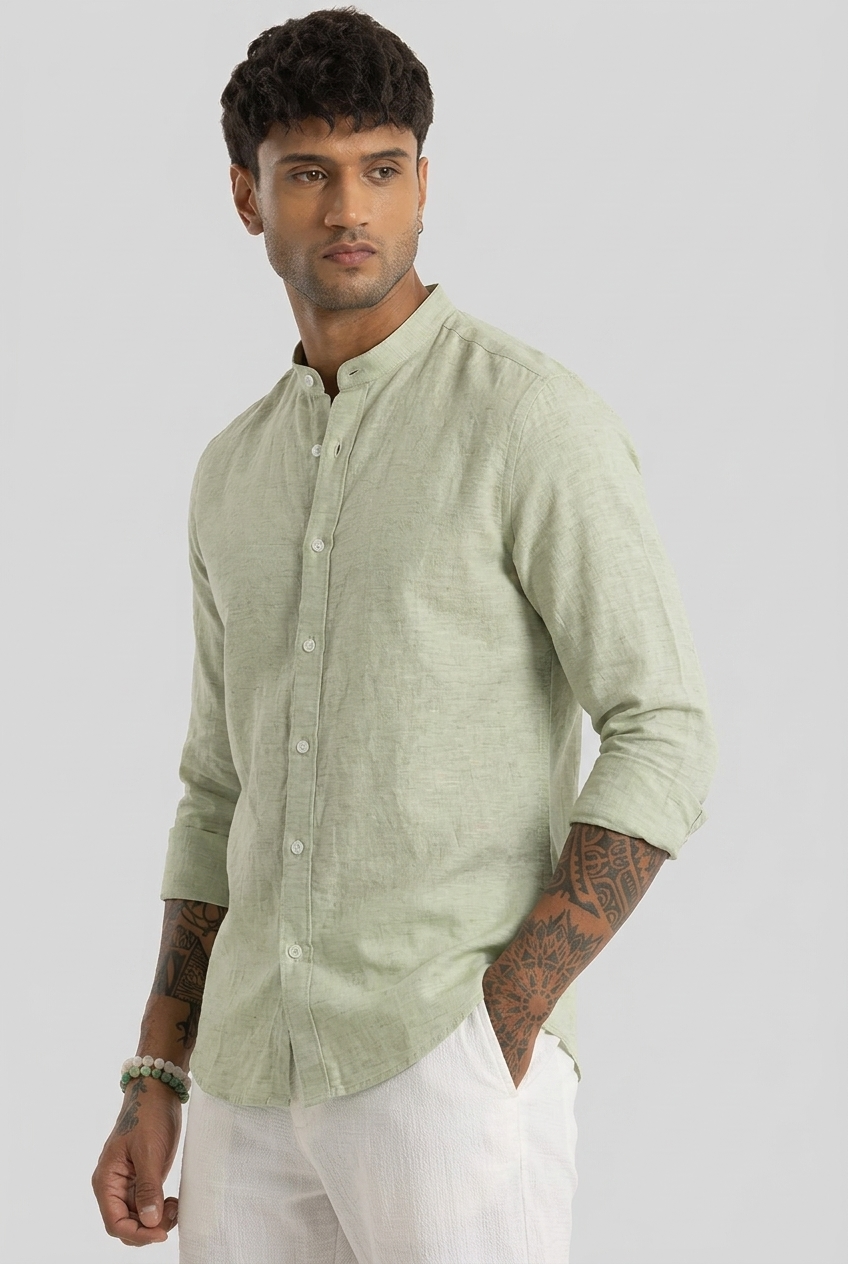 Linen Blend Mandarin Collar Pista  Shirt