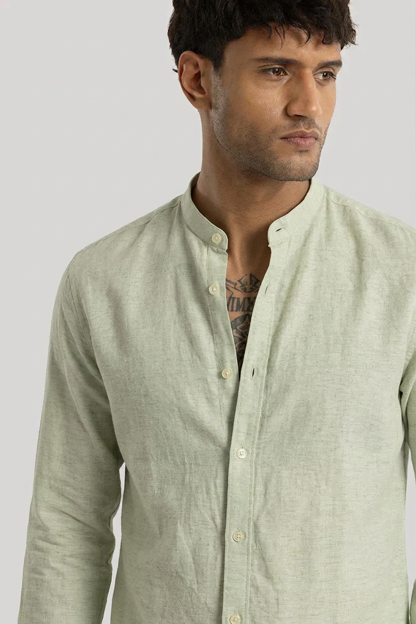Linen Blend Mandarin Collar Pista  Shirt