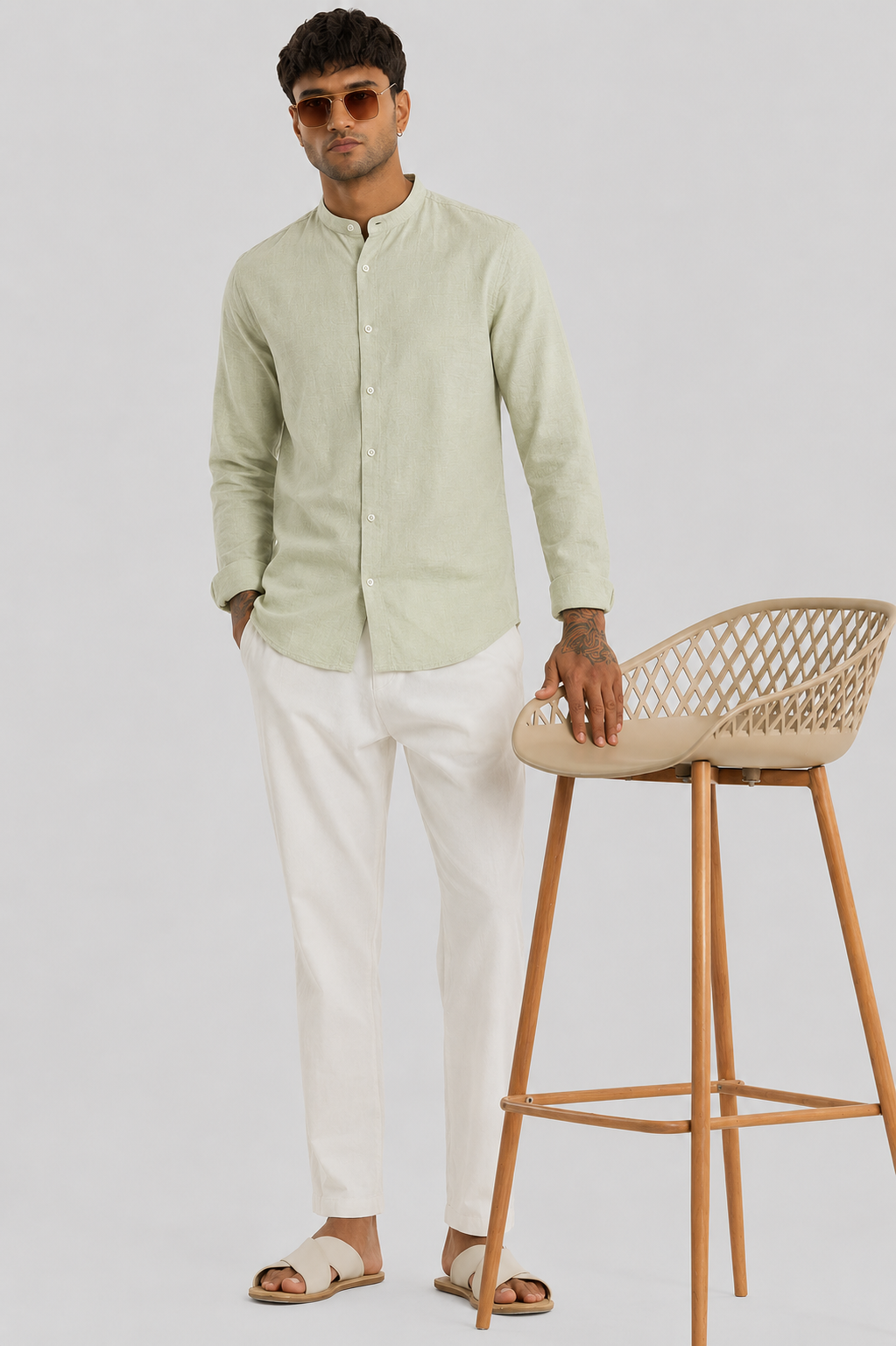 Linen Blend Mandarin Collar Pista  Shirt