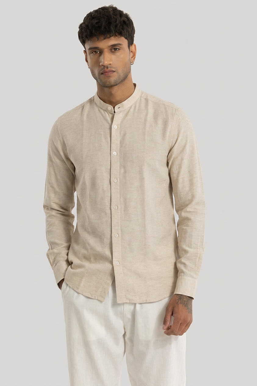 Linen Blend Mandarin Collar Beige Shirt