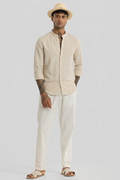 Linen Blend Mandarin Collar Beige Shirt