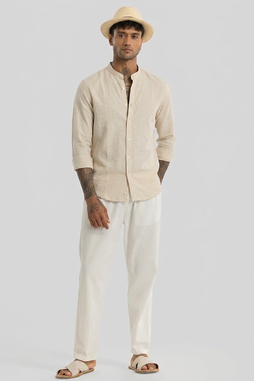 Linen Blend Mandarin Collar Beige Shirt