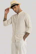 Linen Blend Mandarin Collar Beige Shirt
