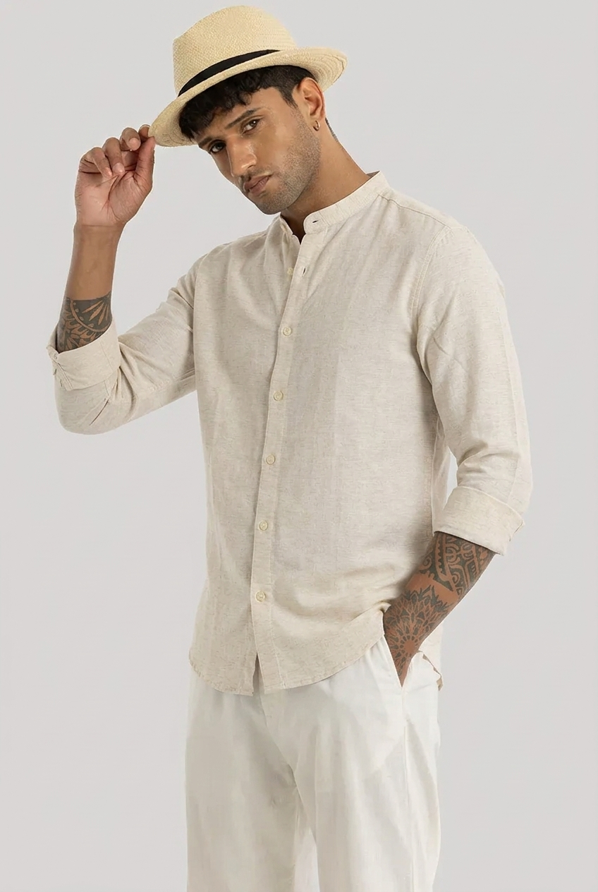 Linen Blend Mandarin Collar Beige Shirt