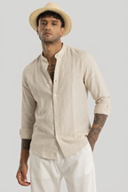 Linen Blend Mandarin Collar Beige Shirt