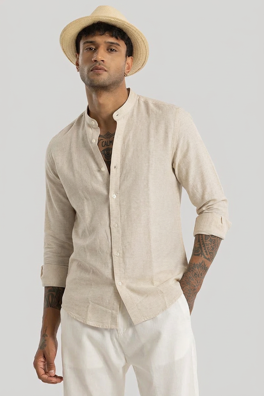 Linen Blend Mandarin Collar Beige Shirt