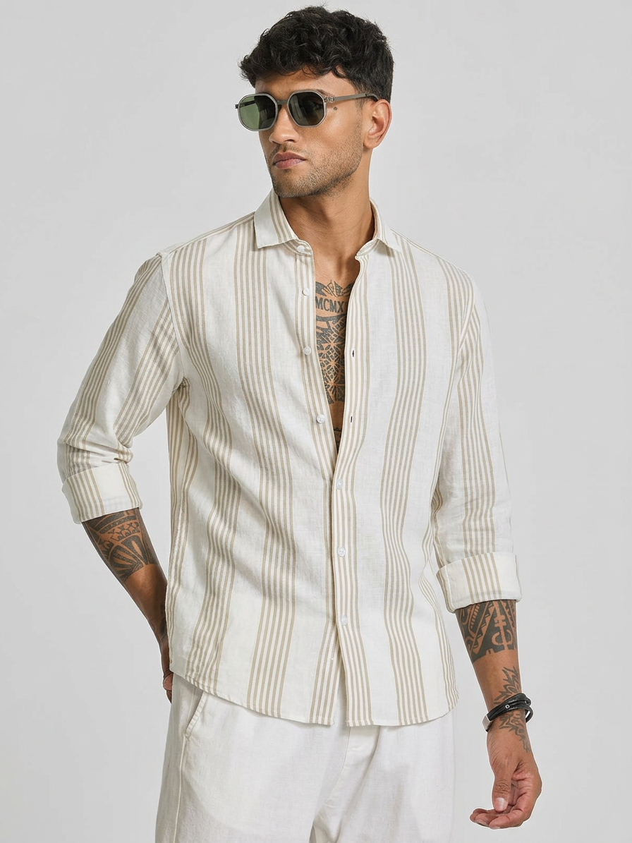LUXE BEIGE WHITE SEERSUCKER GLACÉ MOTIF CONTRAST EMBROIDERED SHIRT
