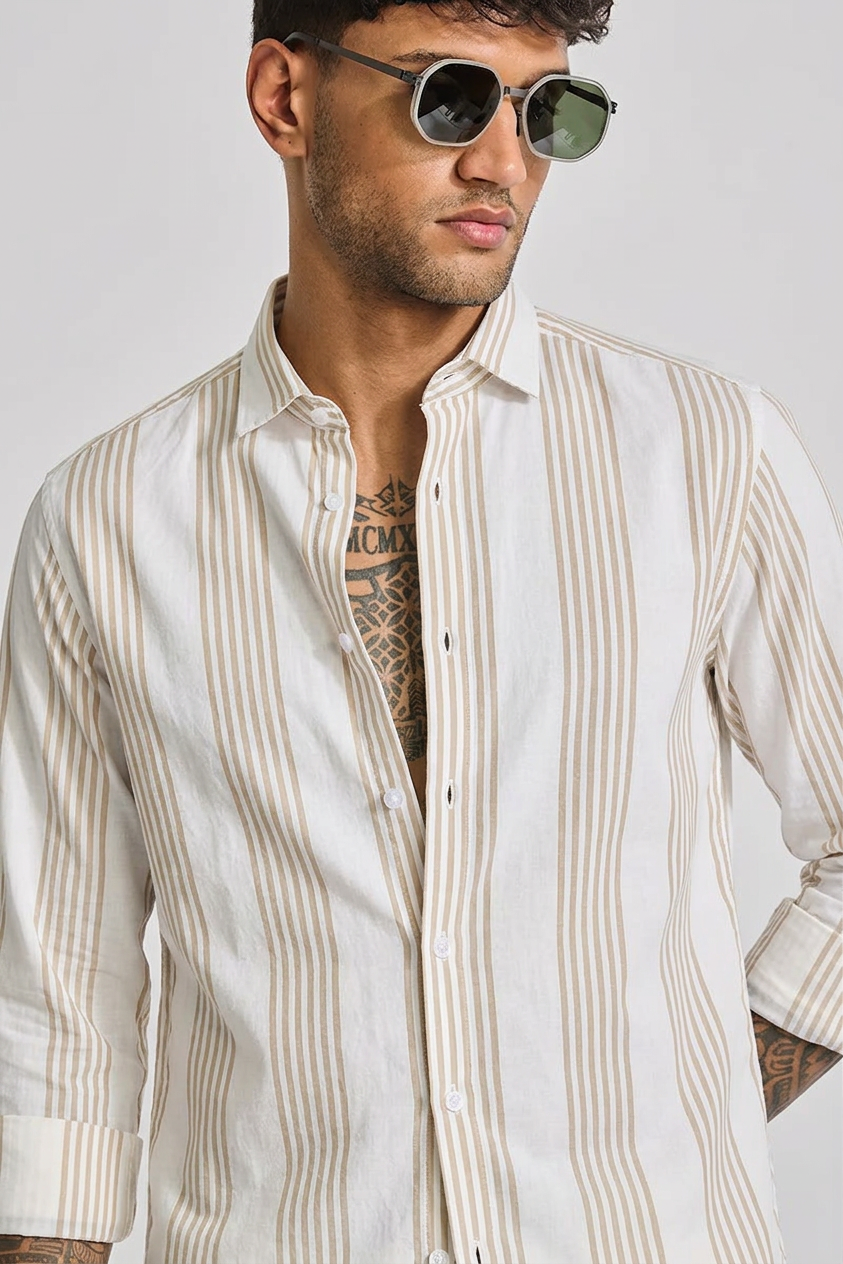 LUXE BEIGE WHITE SEERSUCKER GLACÉ MOTIF CONTRAST EMBROIDERED SHIRT