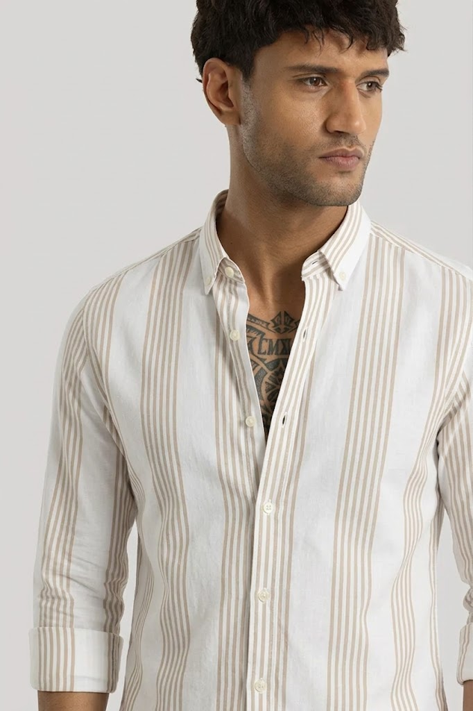 LUXE BEIGE WHITE SEERSUCKER GLACÉ MOTIF CONTRAST EMBROIDERED SHIRT