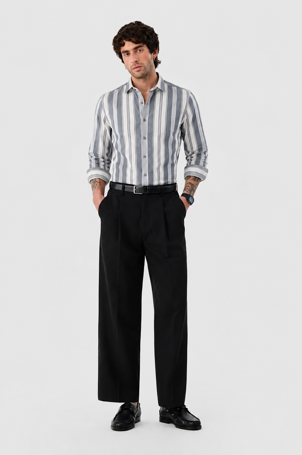 LUXE BLUE WHITE SEERSUCKER GLACÉ MOTIF CONTRAST EMBROIDERED SHIRT