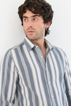 LUXE BLUE WHITE SEERSUCKER GLACÉ MOTIF CONTRAST EMBROIDERED SHIRT