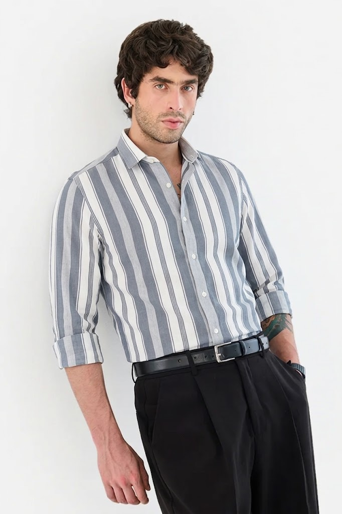 LUXE BLUE WHITE SEERSUCKER GLACÉ MOTIF CONTRAST EMBROIDERED SHIRT