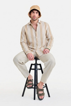 LUXE BEIGE CREAM SEERSUCKER GLACÉ MOTIF CONTRAST EMBROIDERED SHIRT