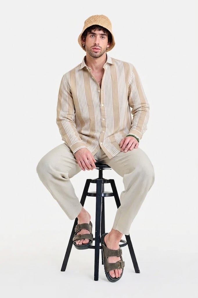 LUXE BEIGE CREAM SEERSUCKER GLACÉ MOTIF CONTRAST EMBROIDERED SHIRT
