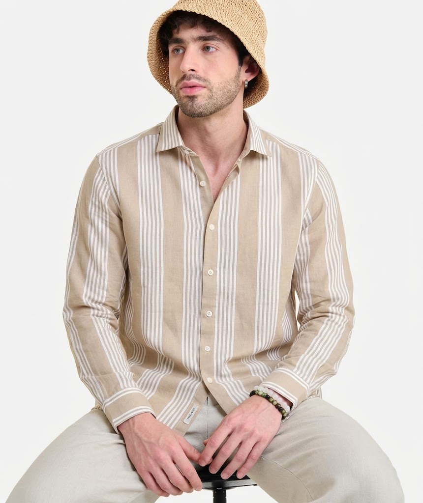 LUXE BEIGE CREAM SEERSUCKER GLACÉ MOTIF CONTRAST EMBROIDERED SHIRT