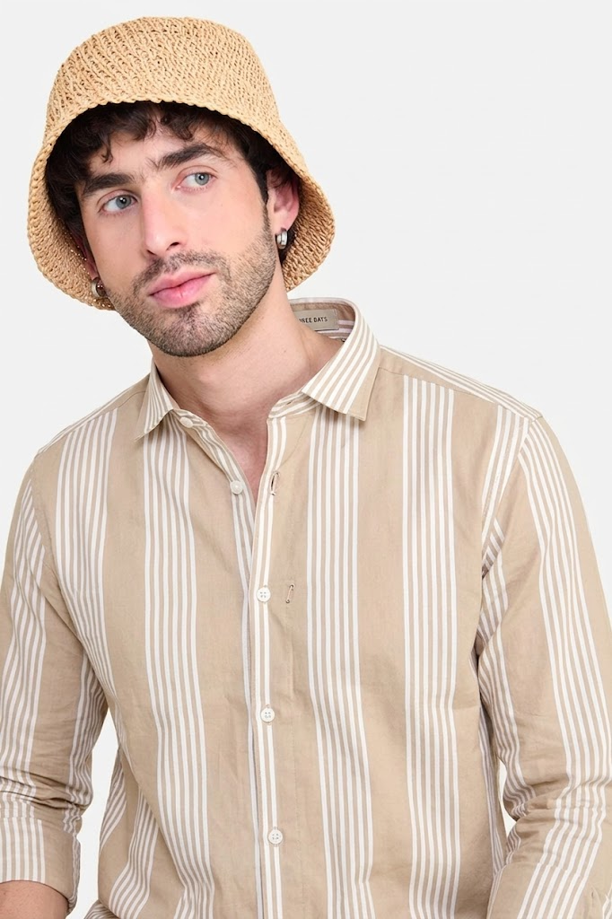LUXE BEIGE CREAM SEERSUCKER GLACÉ MOTIF CONTRAST EMBROIDERED SHIRT