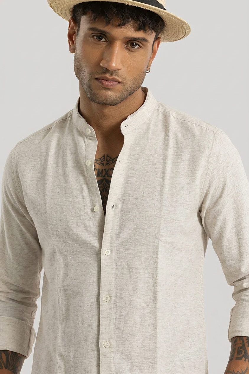Linen Blend Mandarin Collar White Shirt