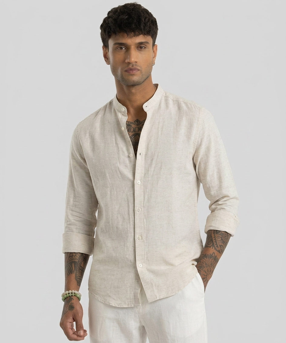 Linen Blend Mandarin Collar White Shirt