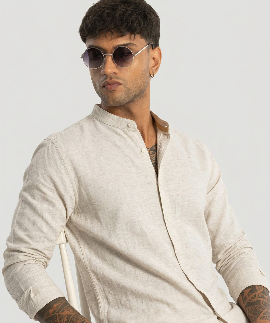 Linen Blend Mandarin Collar White Shirt