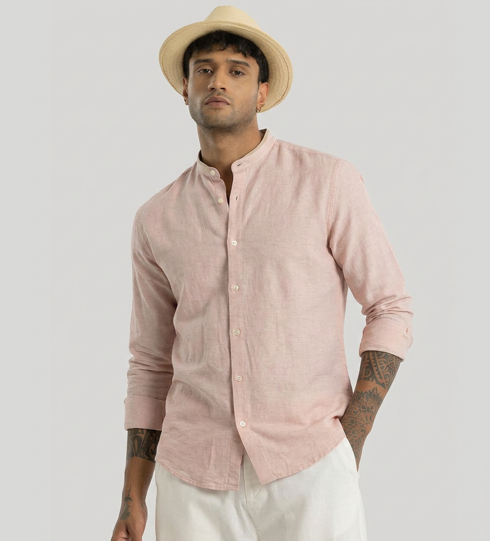 Linen Blend Mandarin Collar Peach Shirt