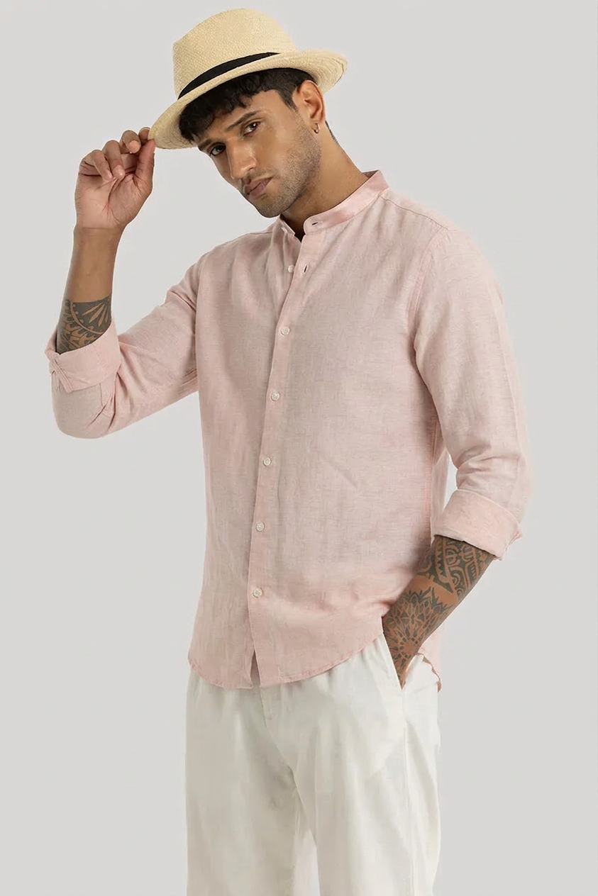Linen Blend Mandarin Collar Peach Shirt