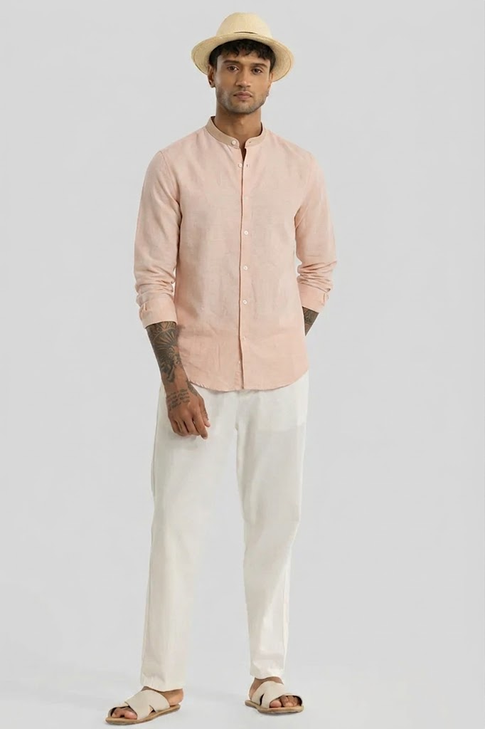 Linen Blend Mandarin Collar Peach Shirt