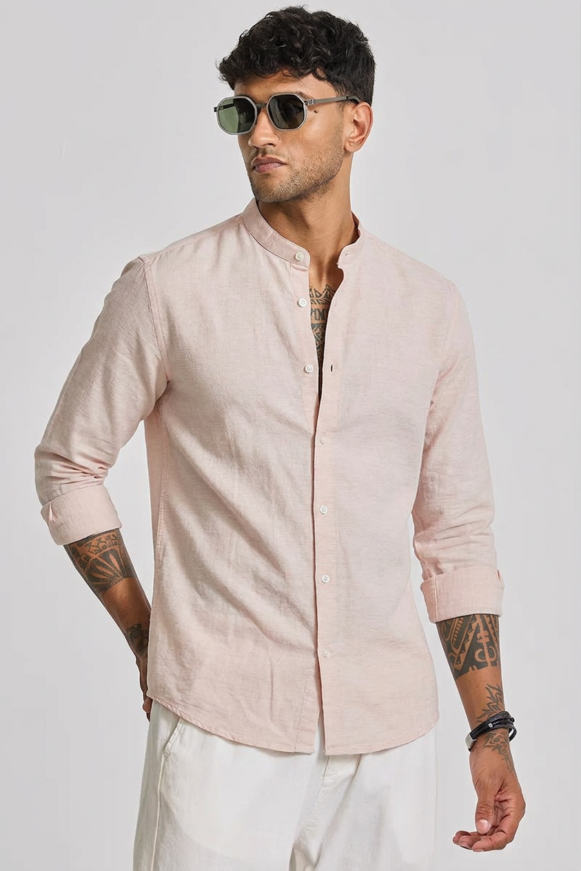 Linen Blend Mandarin Collar Peach Shirt