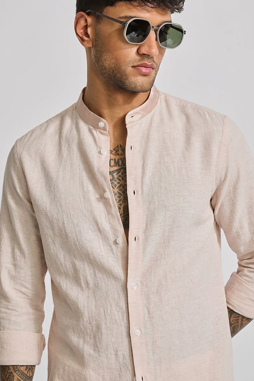 Linen Blend Mandarin Collar Peach Shirt