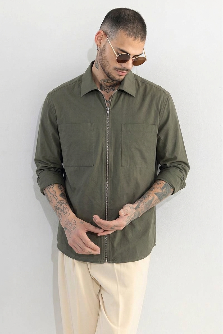 RICH OLIVE DOUBLE ZIPPER SHACKETS