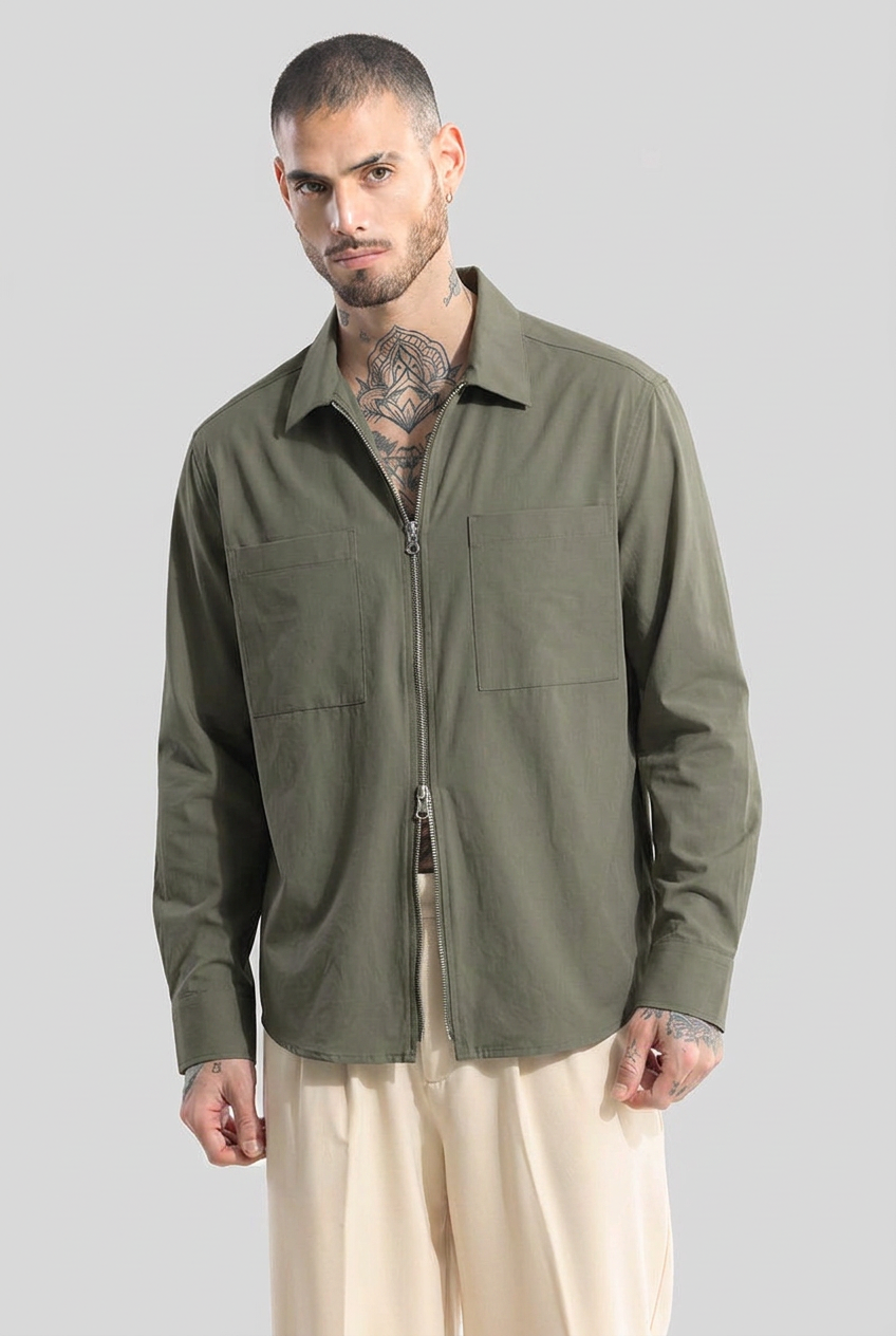 RICH OLIVE DOUBLE ZIPPER SHACKETS