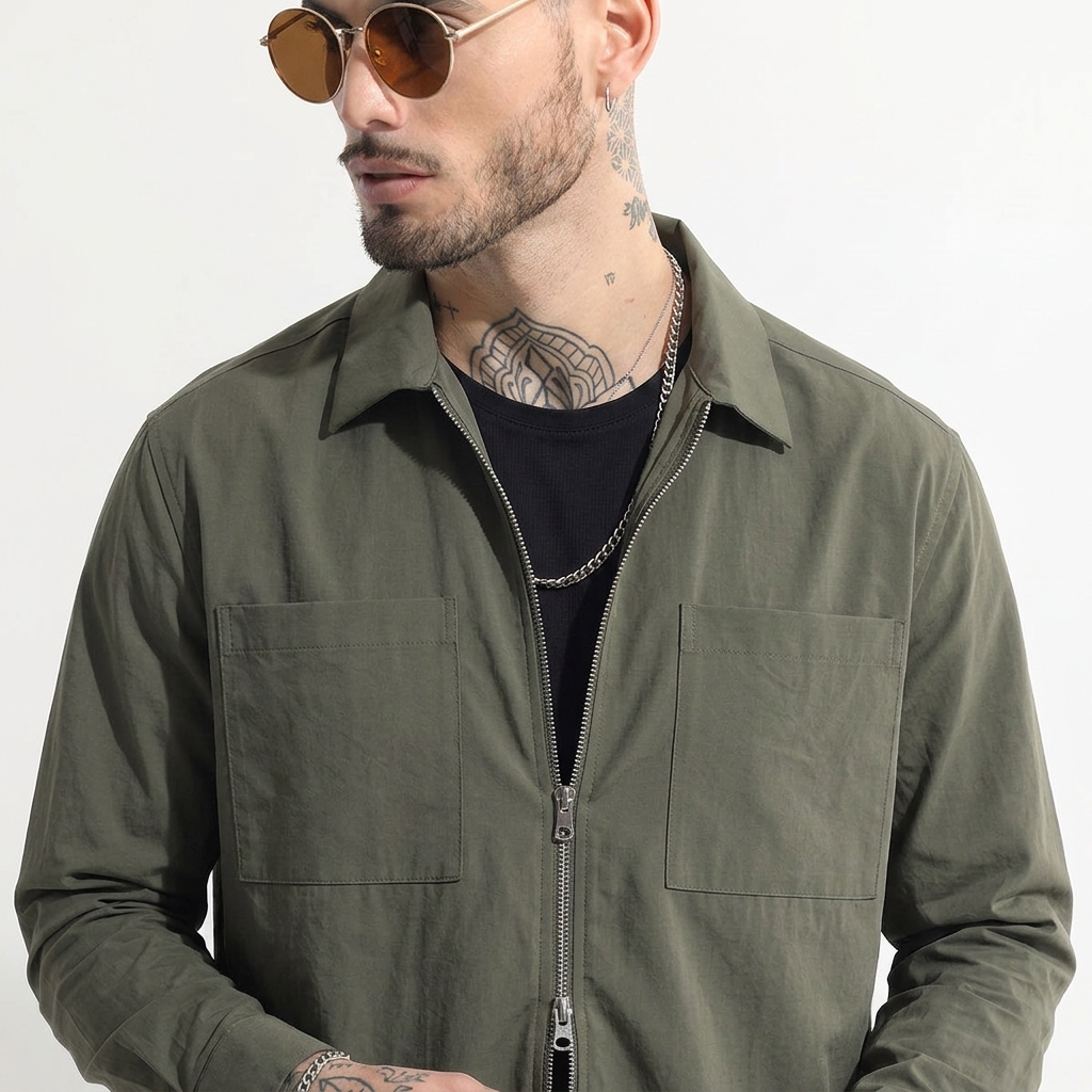 RICH OLIVE DOUBLE ZIPPER SHACKETS