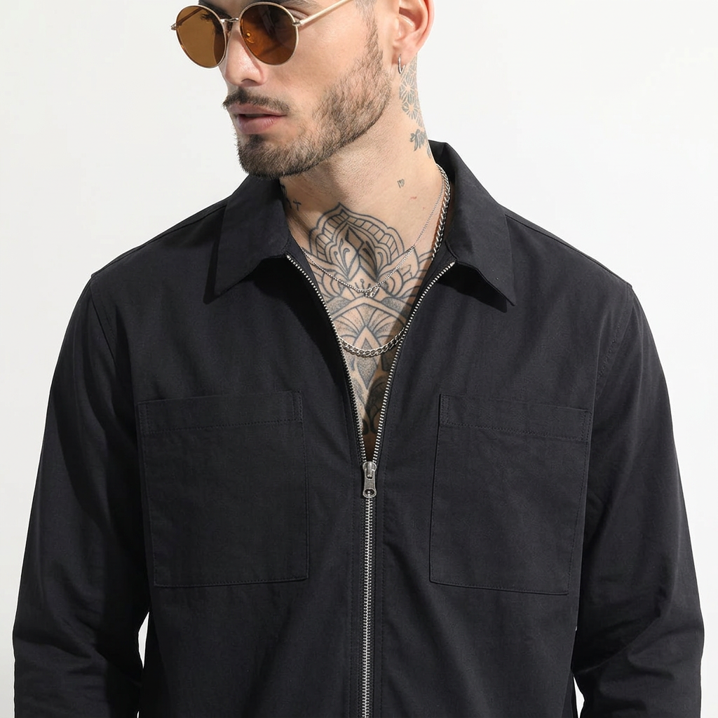 RICH BLACK DOUBLE ZIPPER SHACKETS