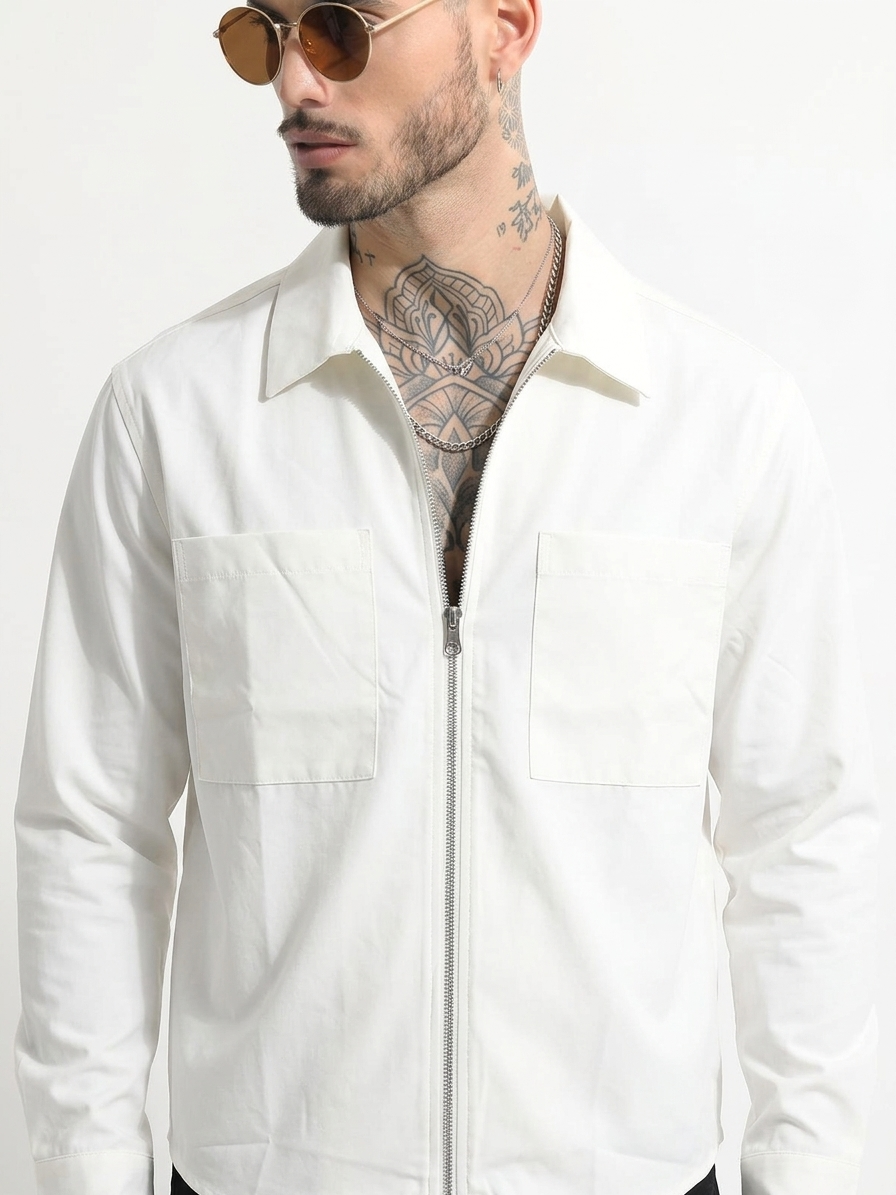 RICH WHITE DOUBLE ZIPPER SHACKETS